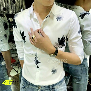 Áo sơ mi trắng nam dài tay in chiếc lá 3D cao cấp MFM060