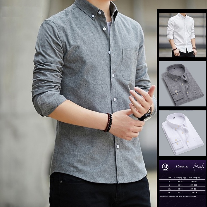 Áo sơ mi dài tay 2 màu xám, trắng vải oxford 60% cotton phong cách trẻ trung
