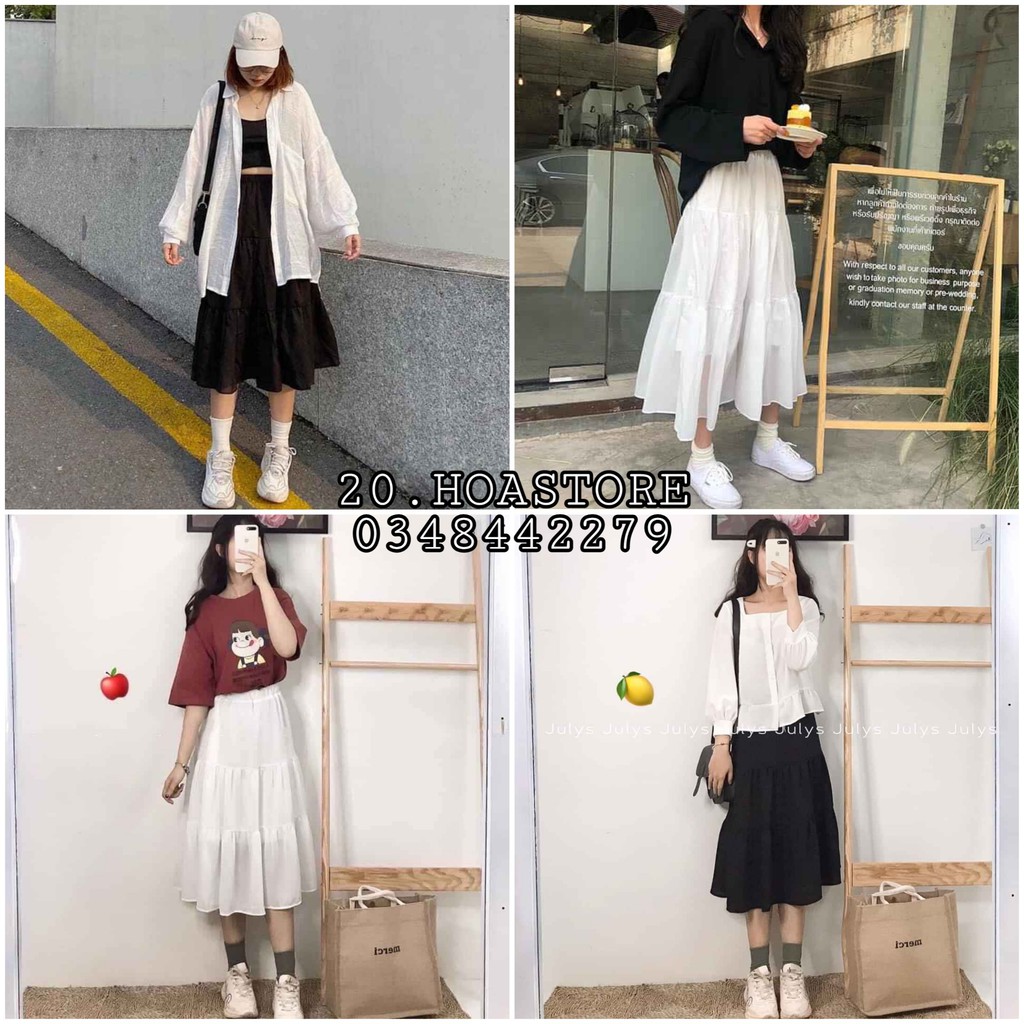 VNXK) CHÂN VÁY VON NỮ XÒE 3 TẦNG VINTAGE TRẮNG ĐEN