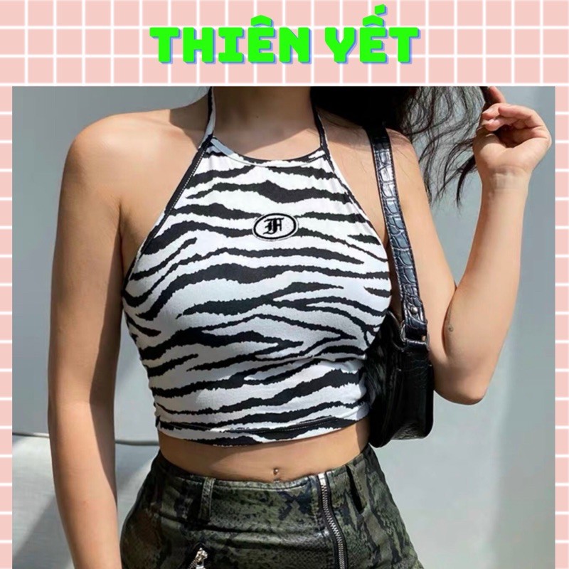 ÁO YẾM CỘT DÂY HOẠ TIẾT NGỰA VẰN IN CHỮ CROPTOP CÓ MÚT