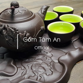 Bộ ấm chén uống trà đắp nổi Bát Tràng cao cấp khay cá tâm an