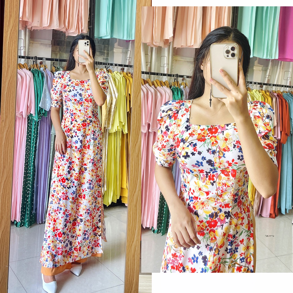 Áo dài hoa nhí tay phồng tay bồng cổ vuông xinh xắn vintage