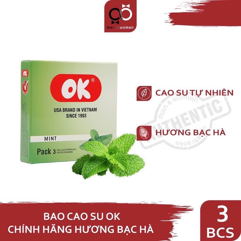 Bao Cao Su OK Hương Dâu Tây - Bạc Hà - Nho -  Không Mùi (Hộp 3 BCS)