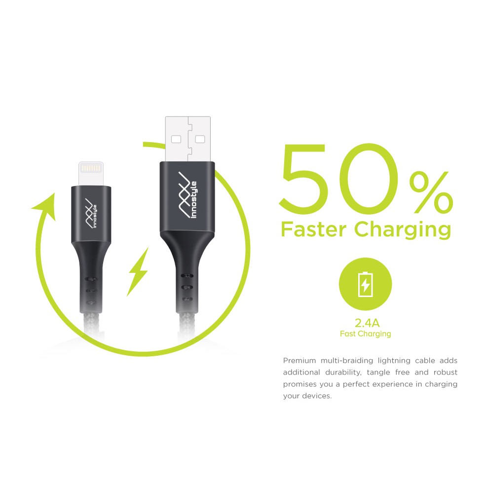 Cáp INNOSTYLE DURAFLEX 1.5M USB-A to Lightning chuẩn MFI iPhone/iPad/iPod