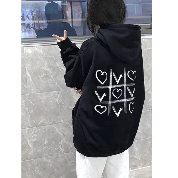 Áo Hoodie Nỉ Bông Unisex Tay Dài Túi Bụng Ô Vuông Stick Trái Tim