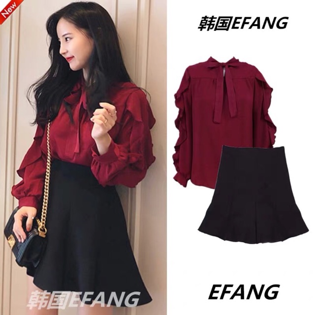 [Hàng oder] Set áo sơ mi đỏ mix chân váy HQ