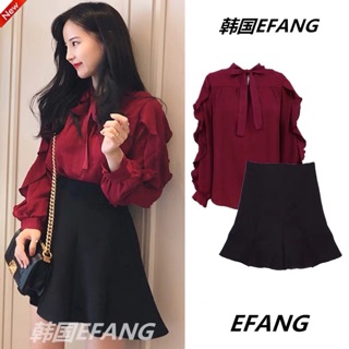 [Hàng oder] Set áo sơ mi đỏ mix chân váy HQ
