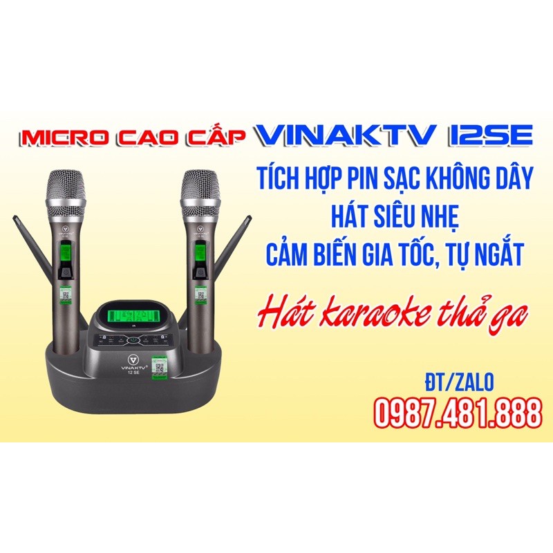 Micro cao cấp VinaKTV 12SE - Pin sạc không dây, tự ngắt, Cảm biến gia tốc - Hát siêu nhẹ, chống hú - Giống hình 100%