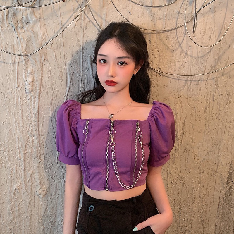 Áo croptop tay ngắn cổ vuông 3 dây kéo có xích ôm body cực chất cá tính ulzzang ( 2 màu )