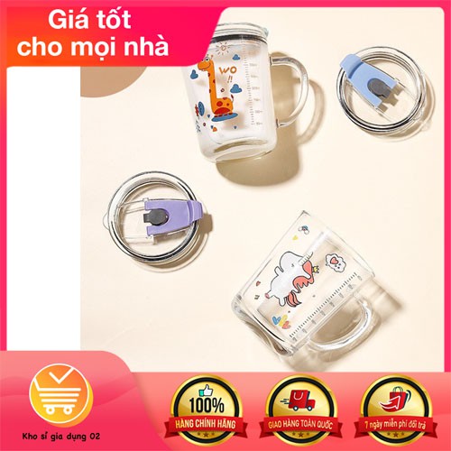 [Mã LIFEHLSALE2 giảm 10% đơn 0Đ] CỐC PHA SỮA THUỶ TINH CHIA VẠCH CÓ NẮP VÀ ỐNG HÚT CHO BÉ SIÊU TIỆN LỢI