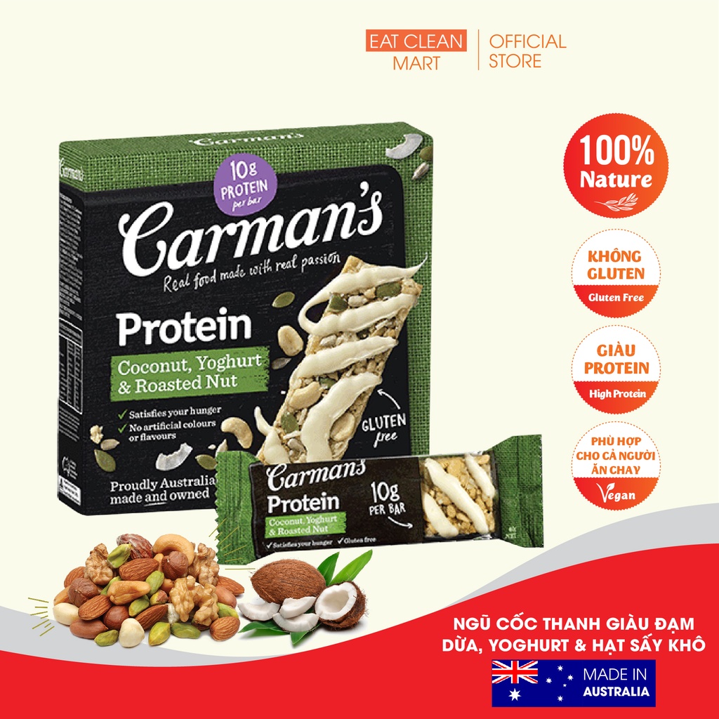 Thanh Hạt Năng Lượng Giàu Đạm Carman's Protein Bar Coconut Yoghurt &amp; Roasted Nut - Vị Dừa, Sữa Chua &amp; Hạt Rang - 200g