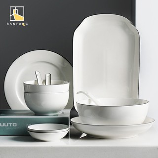 BANFANG Bộ tô đĩa muỗng bằng sứ màu trắng cao cấp