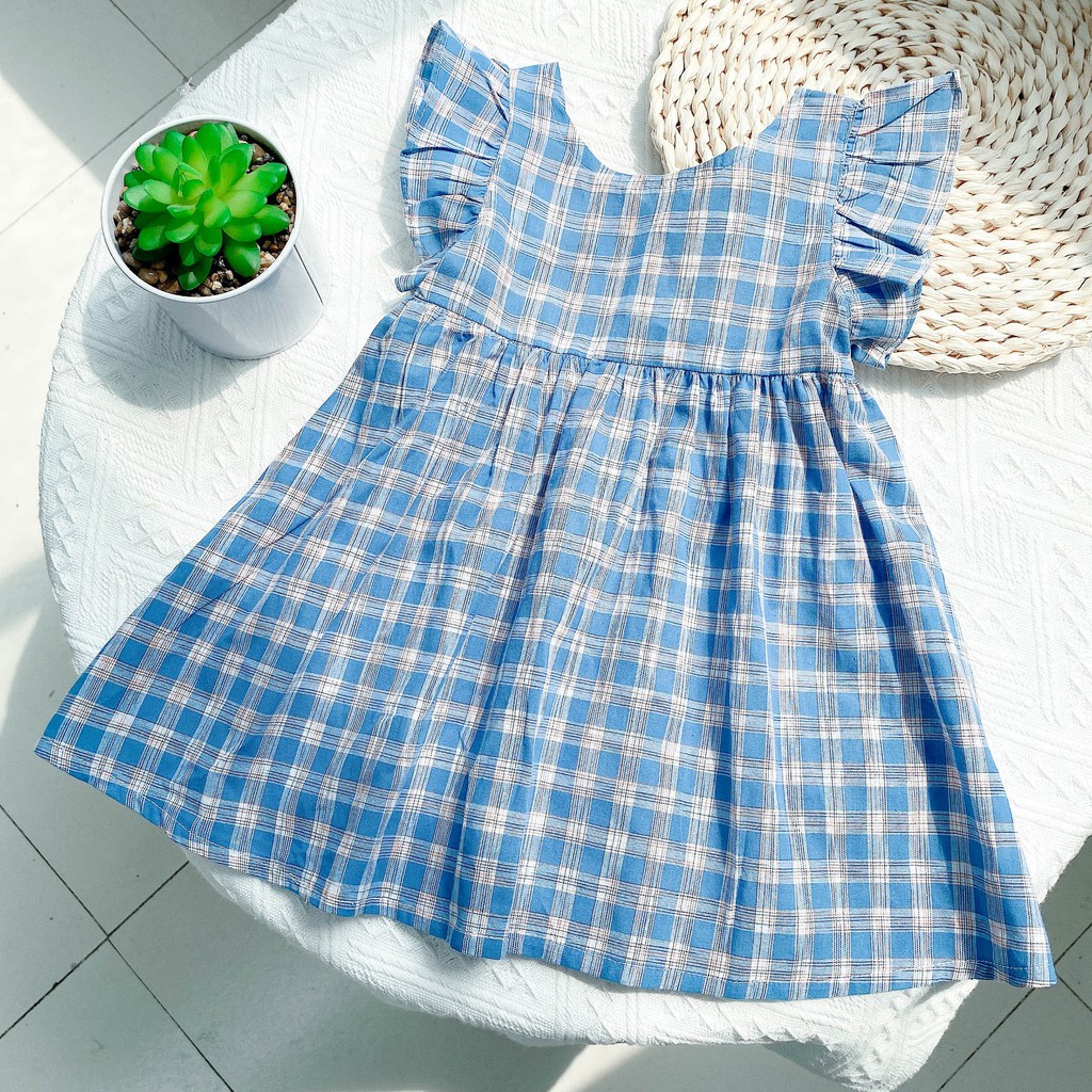 Váy Đầm Cánh Tiên Họa Tiết Kẻ Caro Cho Bé Gái 8-26kg