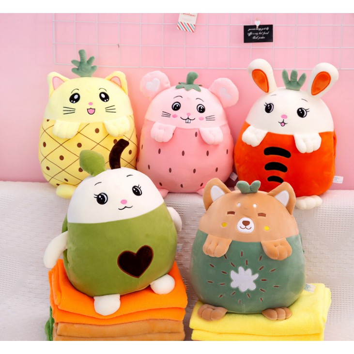 GỐI MỀN 3 trong 1 Trái Cây hình thú cute, thun 4 chiều siêu mịn, bộ chăn gối văn phòng, gấu bông kèm mền