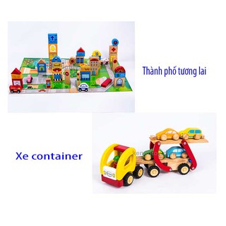 Combo đồ chơi mô hình thành phố tương lai và xe container, đồ chơi nhập vai cho bé thông minh