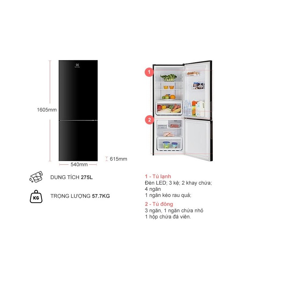 Tủ lạnh Electrolux Inverter 250 lít EBB2802H-H (shop chỉ bán hàng trong TP HCM)