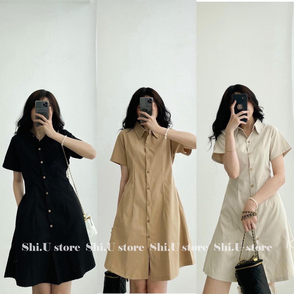 Váy sơ mi cổ đức dáng suông cúc dọc chất kaki 2 da thanh lịch basic 4 màu