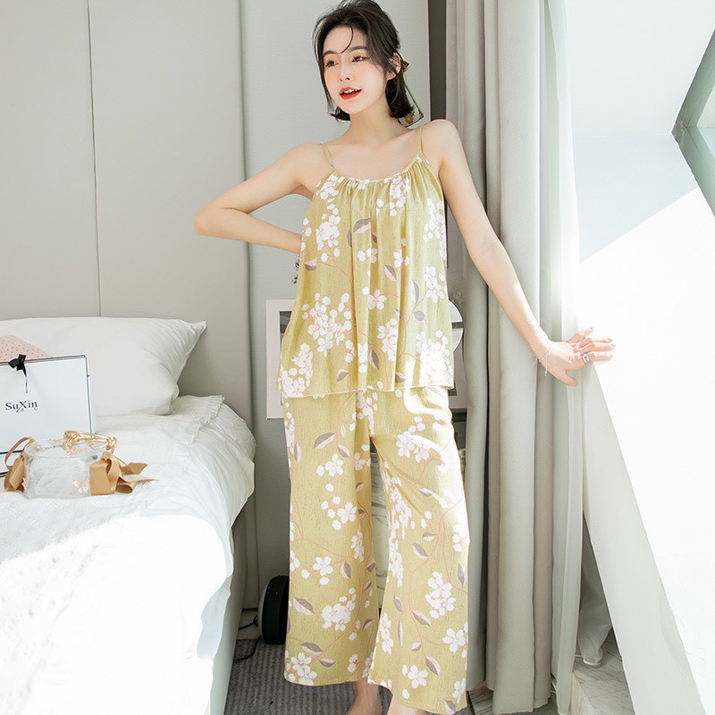 Bộ đồ nữ mặc nhà hai dây, quần dài chất vải lanh cotton thoáng mát nhiều màu, bộ ngủ Bigsize 2 dây CiCi