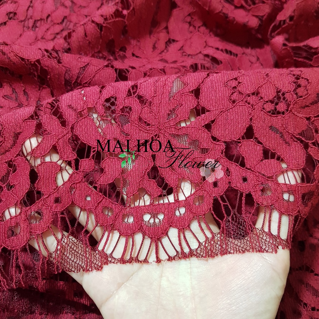 Vải ren đỏ thêu hoa dùng làm vải may đồ mềm có co giãn 150x150cm, Maihoaflower