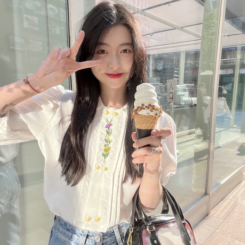 Áo Sơ Mi Tay Ngắn Cổ Búp Bê Thêu Họa Tiết Phong Cách Vintage Thời Trang Mùa Hè Cho Nữ