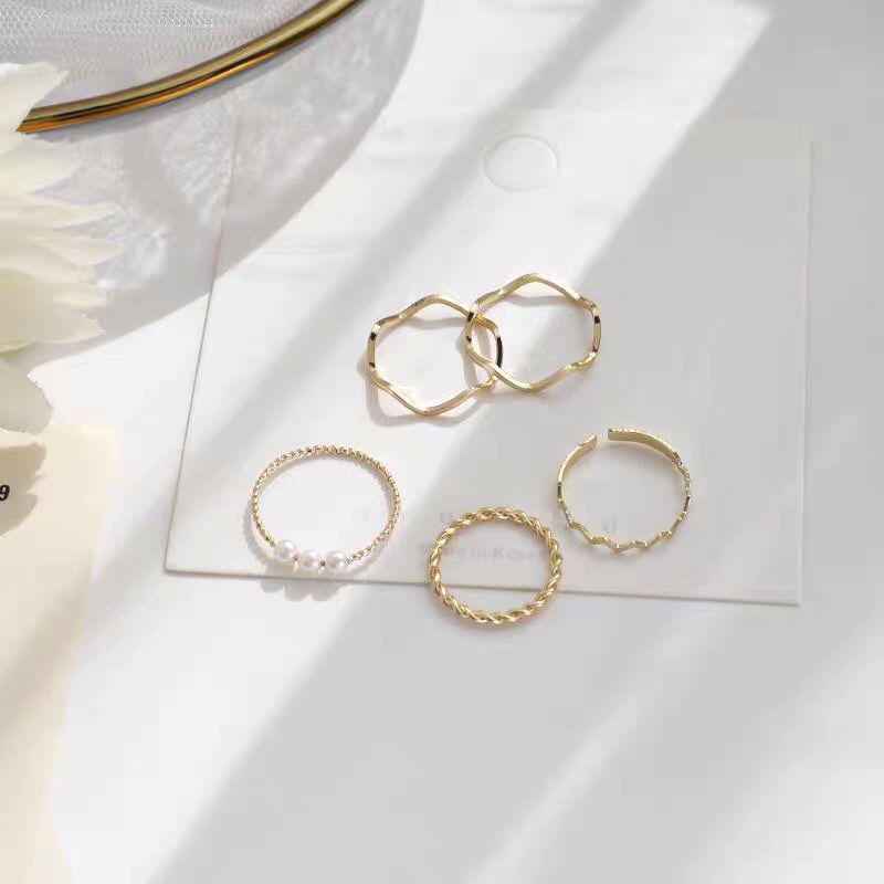 Set 5 nhẫn mạ bạc đính ngọc trai có thể được điều chỉnh thời trang
