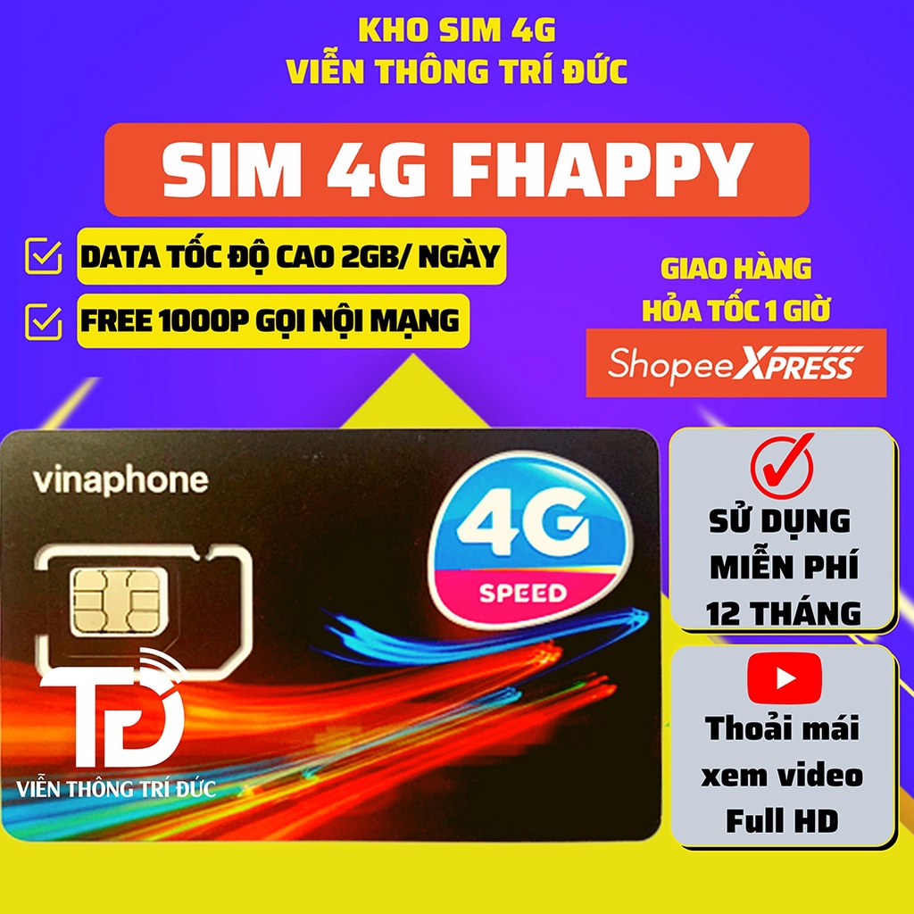 Sim 4G Vinaphone VD149 Data 120Gb, VD89/Fhappy 60Gb/tháng, Gọi Free 12 Tháng - U1500 Data 500Gb/tháng Max băng Thông