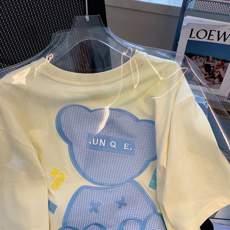 Áo Thun Ngắn Tay Thêu Hình Chú Gấu Vàng Phong Cách Hàn Quốc Mới