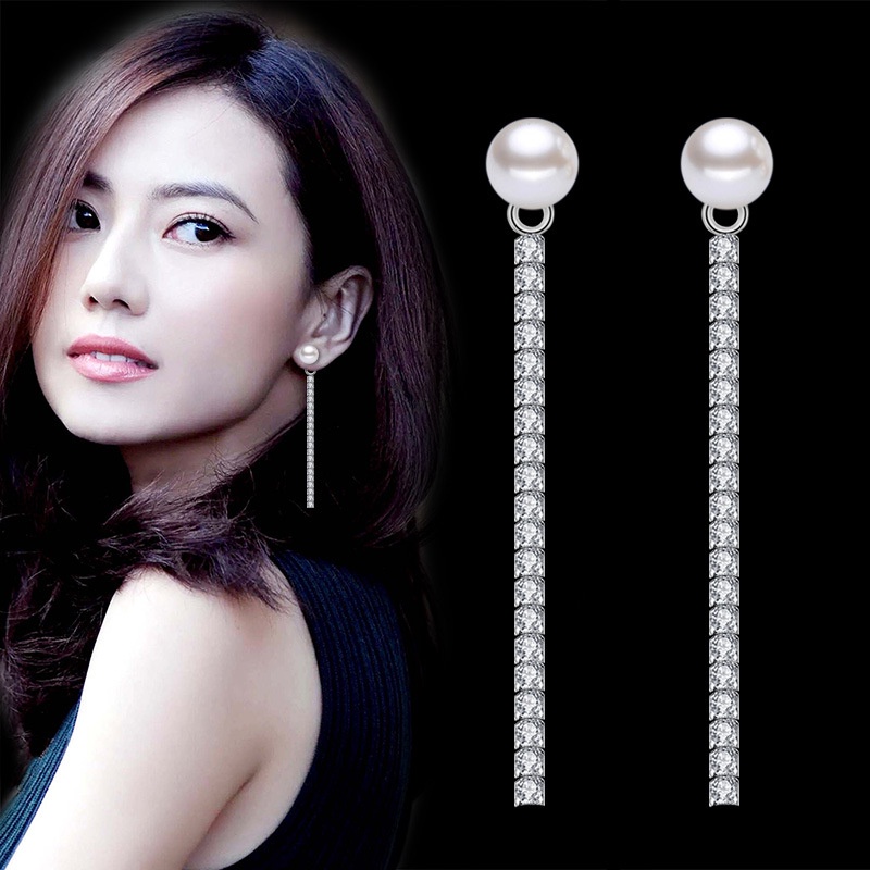 Khuyên Tai Bạc 925 Dáng Dài Đính Đá Zircon / Ngọc Trai Nhân Tạo Phối Tua Rua Phong Cách Hàn Quốc Thời Trang Cho Nữ-S1