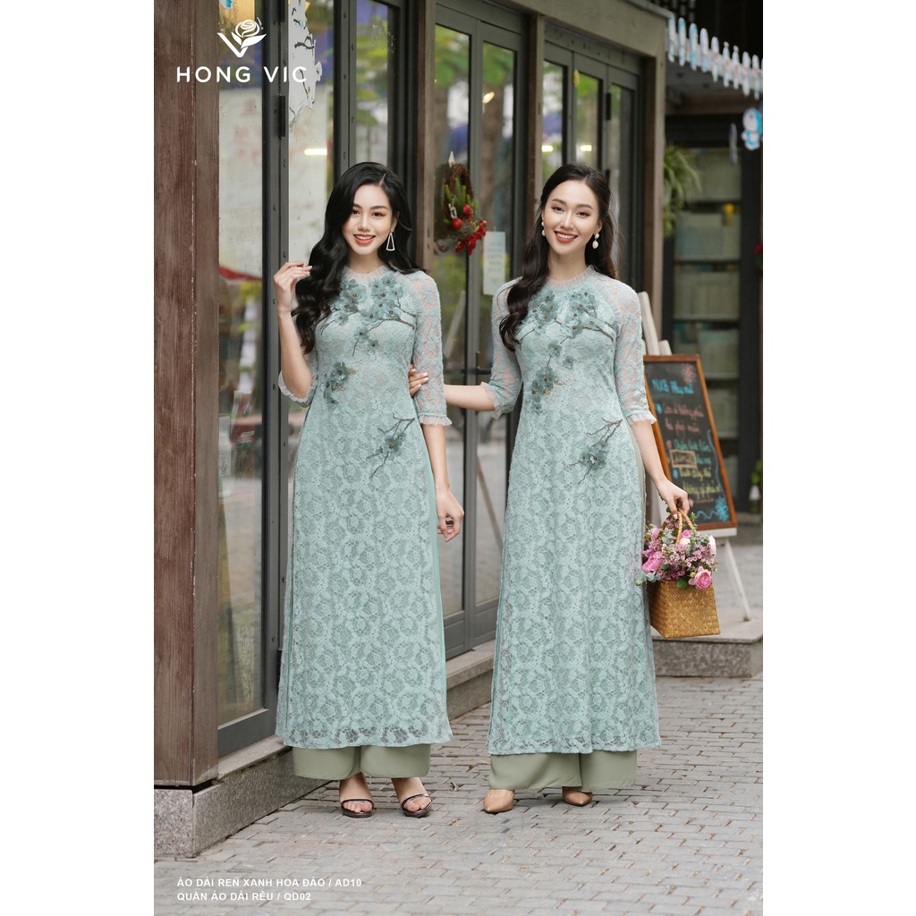 Áo dài kiểu nữ thiết kế Hongvic ren xanh hoa đào AD10