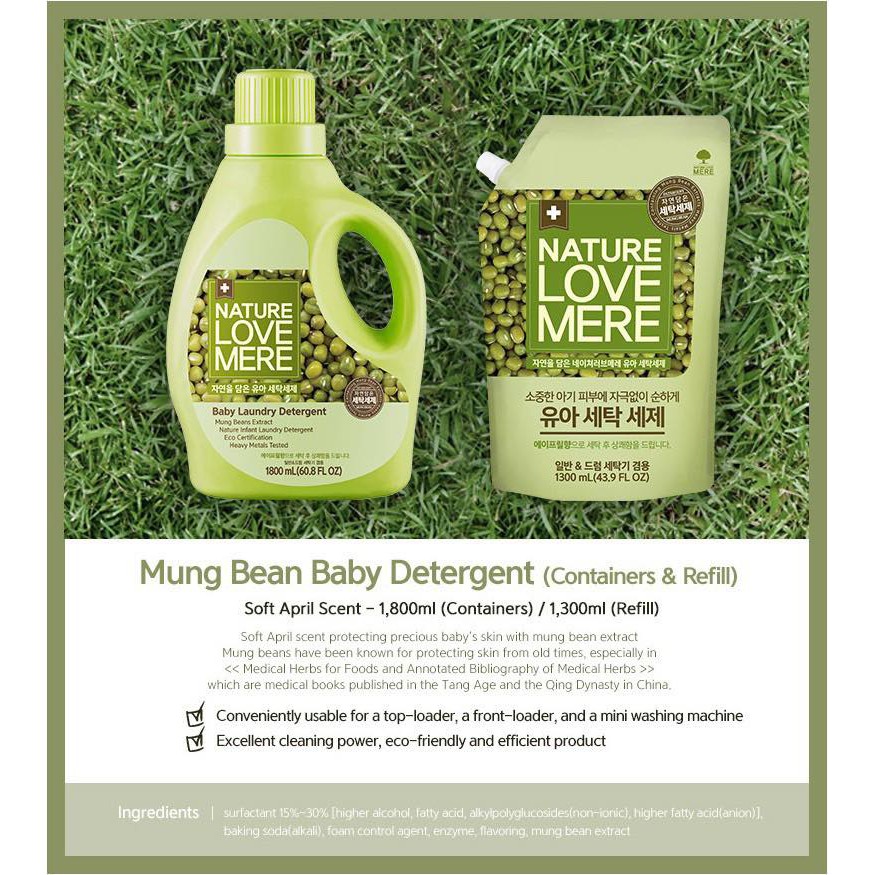 Nước giặt- xả Nature Love Mere Mungbean cao cấp Hàn Quốc  tự nhiên an toàn- hương thơm dịu nhẹ