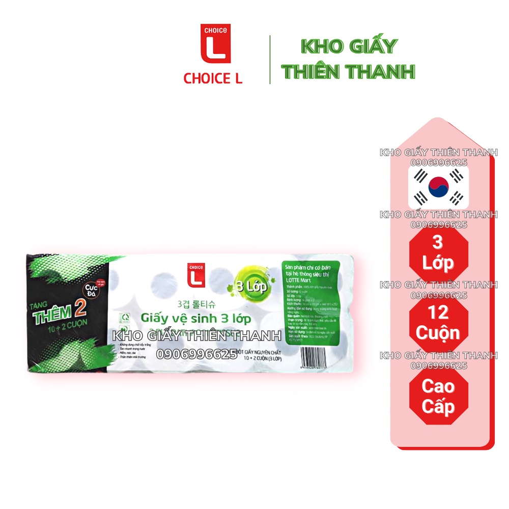Giấy Vệ Sinh 12 Cuộn Hàn Quốc LOTTE Choice L Giấy 3 Lớp Cao Cấp Siêu Dai Mịn 🍀 Kho Giấy Thiên Thanh 🍀
