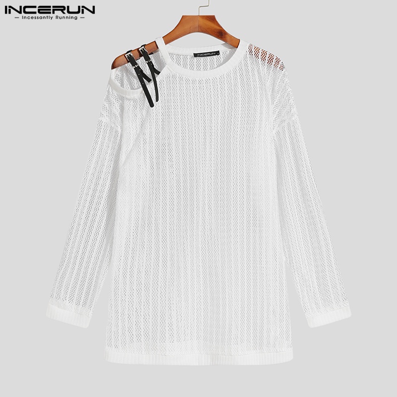 Áo thun INCERUN tay dài cổ tròn xuyên thấu thời trang tùy chọn màu sắc dành cho nam