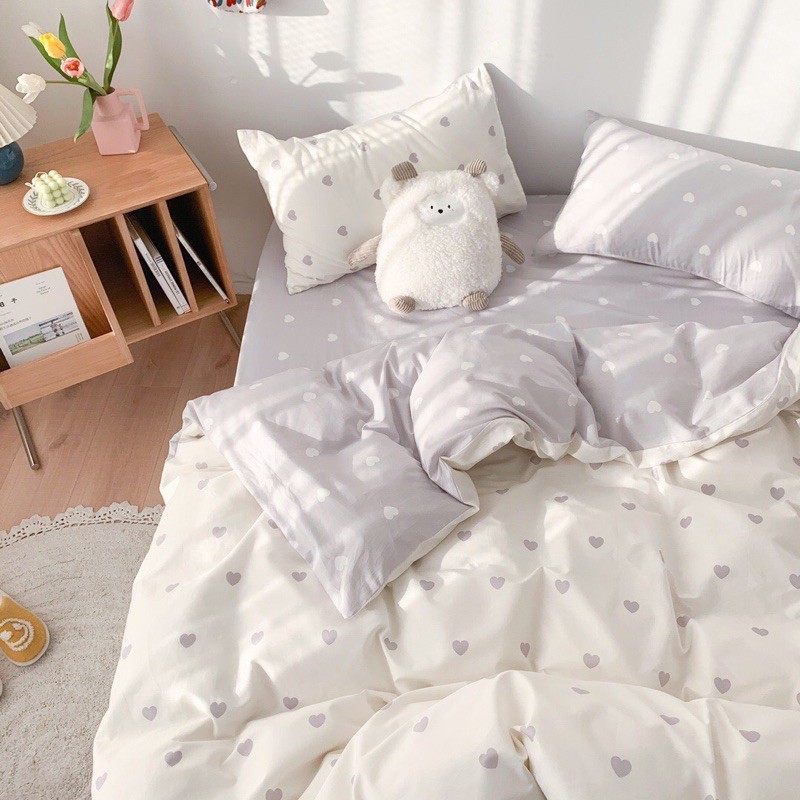 Bộ chăn ga gối poly -mẫu trái tim trắng -Luis bedding miễn phí bo chun theo kích thước l