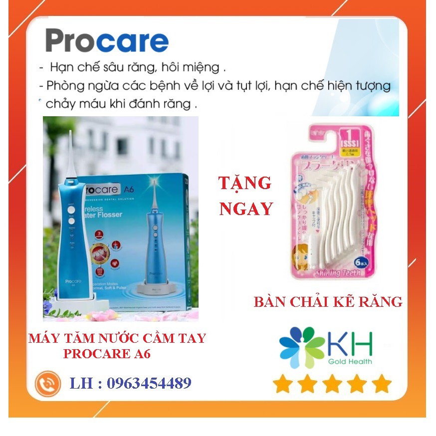 [VOUCHER KÈM QUÀ TẶNG] Máy tăm nước du lịch Cao cấp Procare A6 - Tặng 1 Vỉ bàn chải kẽ răng Nhật Bản