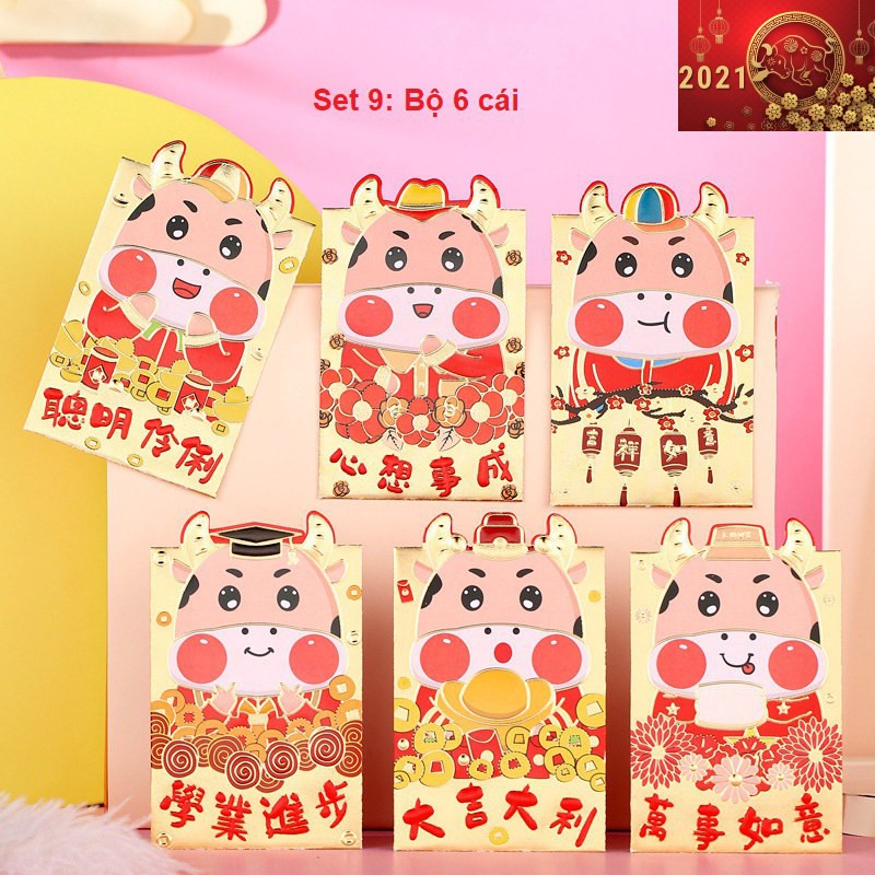Combo 6 Bao Lì Xì Hoạt Hình TẾT Tân Sửu 2021 - Nhiều loại hình trâu siêu Dễ thương