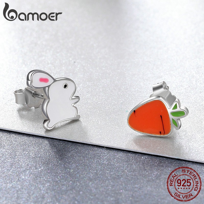 Bông tai Bamoer bạc 925 hình thỏ và củ cà rốt dễ thương cho nữ