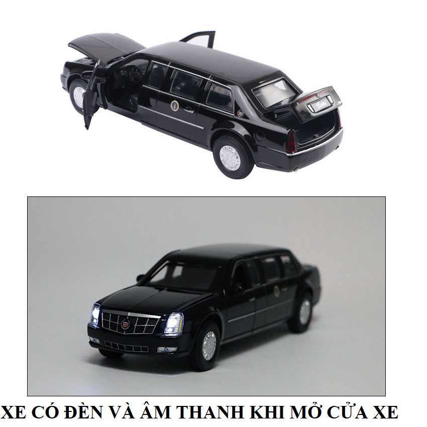 Xe mô hình ô tô cadillac presidential tỉ lệ 1:32 bằng kim loại xe đồ chơi trẻ em mở được cửa có đèn và âm thanh động cơ