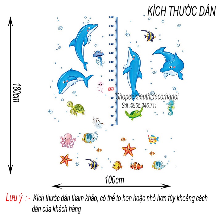 Tranh dán tường cho bé phòng ngủ ST DECOR XL8368 Thước Đo Chiều Cao Cá Heo