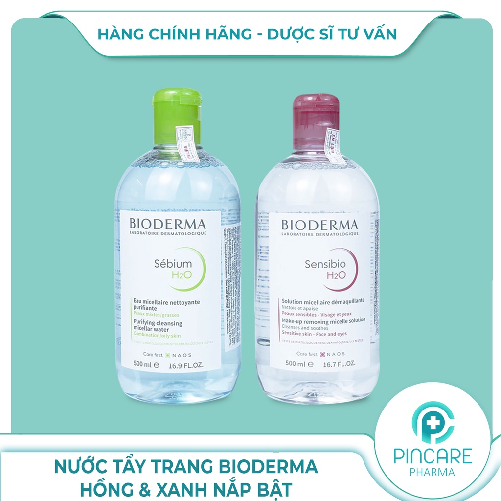 Nước tẩy trang Bioderma 500ml hồng &amp; xanh nắp bật - Có bill chính hãng - Nhà thuốc PinCare