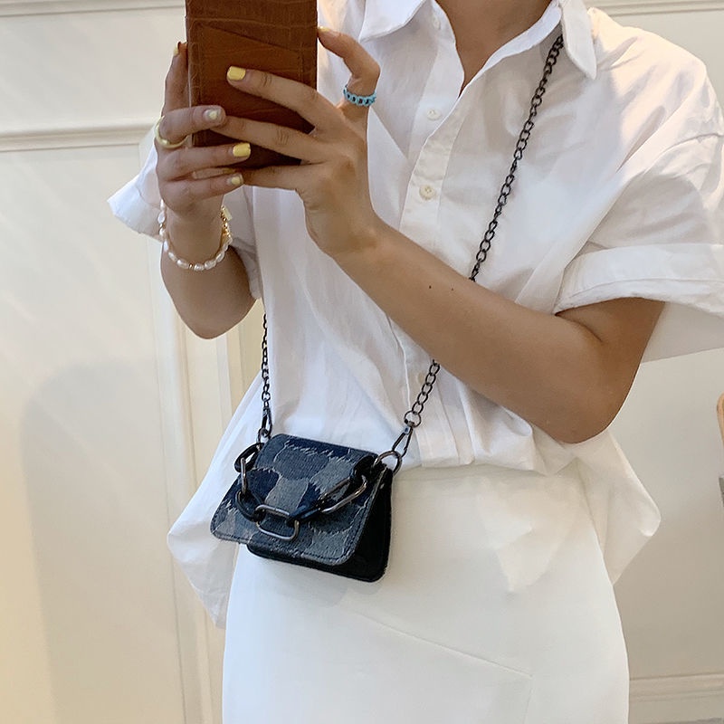 Túi đeo chéo/ xách tay phối dây xích nhỏ kẻ ô vuông thời trang hè năm 2021 cho nữ