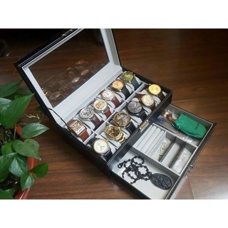 Hộp đựng đồng hồ trang sức 12 ô 2 tầng cao cấp nắp kính