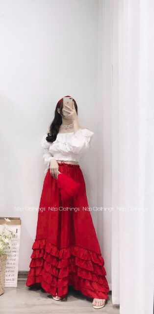 Sét áo váy boho đỏ/ sét áo maxi trễ vai chân váy xòe boho đi biển | BigBuy360 - bigbuy360.vn