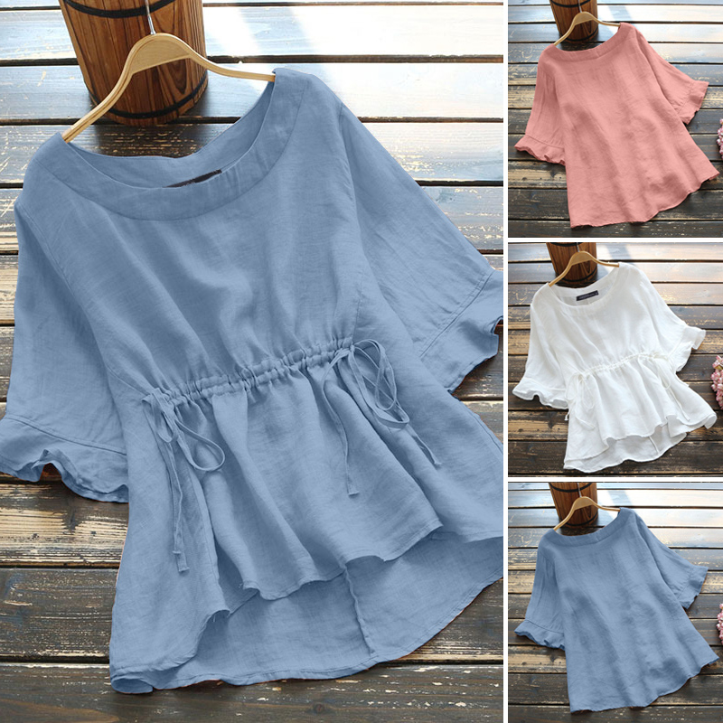 Áo Nữ ZANZEA Tay Ngắn Cổ Tròn Thời Trang Vintage