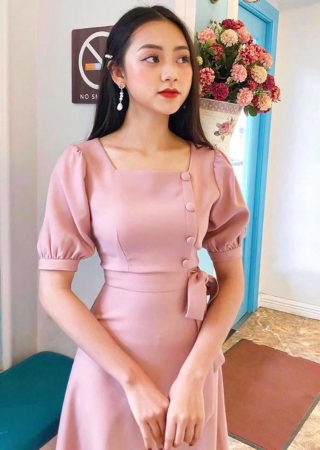 Đầm hồng cổ U nút bọc v2 (KÈM HÌNH THẬT) | BigBuy360 - bigbuy360.vn