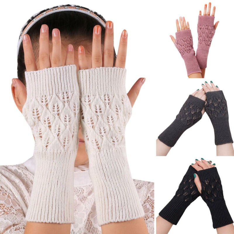 Găng Tay Dệt Kim Hở Ngón Giữ Ấm Cho Nữ