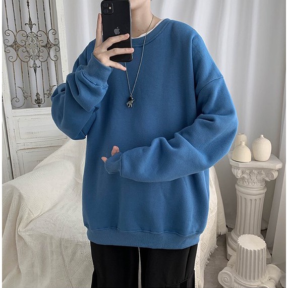 Áo Sweater Cổ Tròn NAM Nữ Màu Xanh Dương Đậm Chất Vải Nỉ Poly Hàng Freesize 1 Cỡ Form Dáng Rộng Dưới 65kg Mặc Vừa(TRƠN) | BigBuy360 - bigbuy360.vn