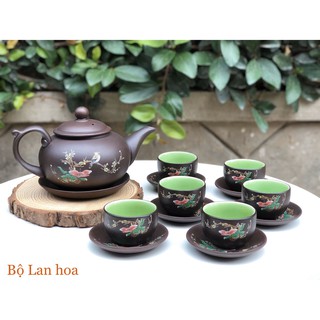 Ấm Chén Tử Sa Bát Tràng Họa Tiết Lan Hoa Màu Đen
