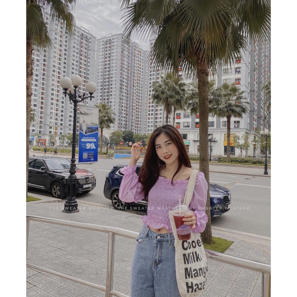 ÁO TRỄ VAI TÍM TAY DÀI BO CHUN DÚM NGỰC HOT - ÁO MẶC 2 KIỂU TÍM BÁNH BÈO