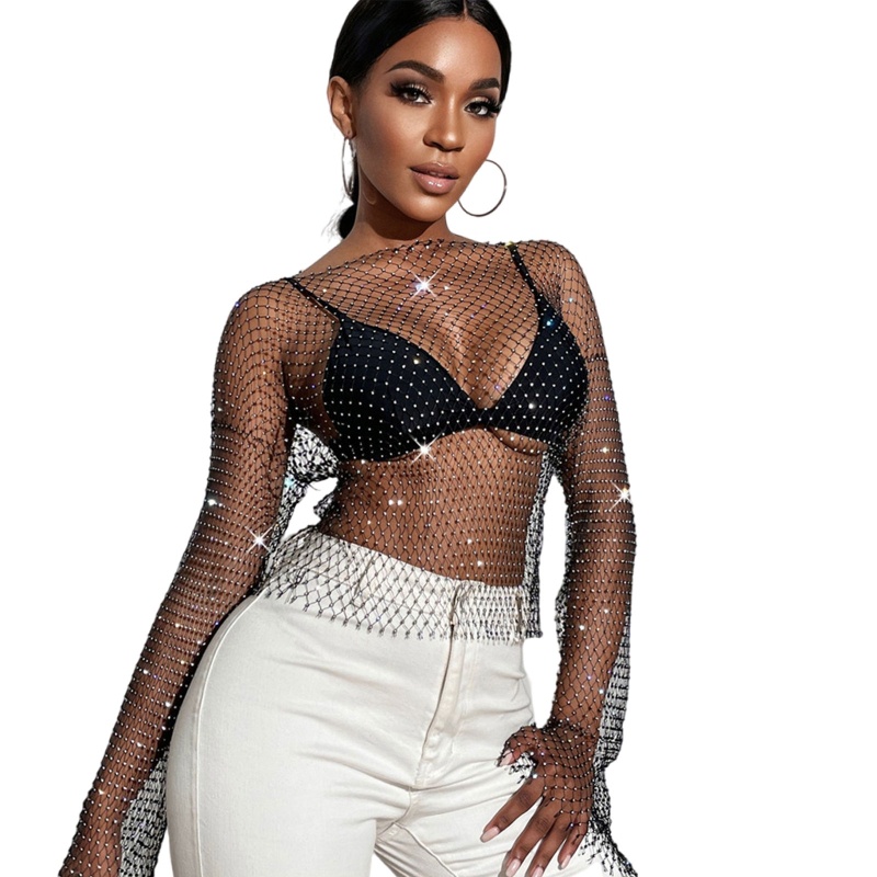 Brroa Áo Crop Top Lưới Rỗng Xuyên Thấu Đính Kim Cương Khoét Rỗng Cho Nữ Đi Biển Câu Lạc Bộ Club