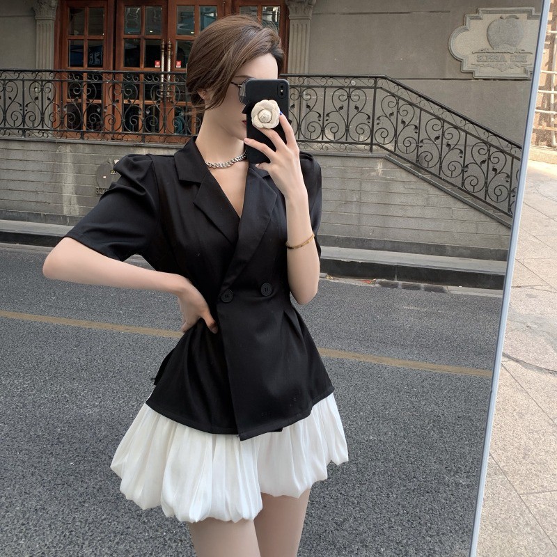Set áo vest tay phồng ôm eo tôn dáng + chân váy cụp phồng sang trọng
